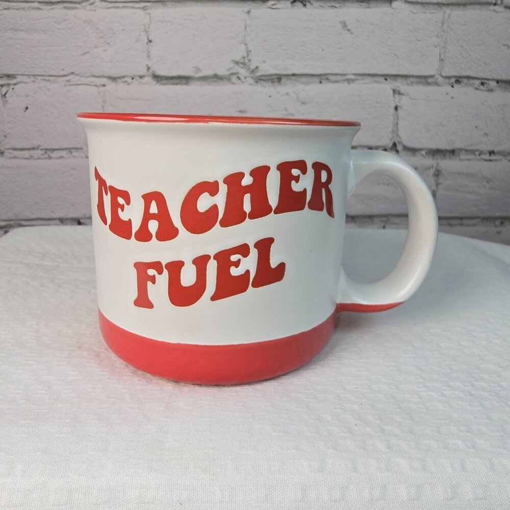 TEACHER FUEL COFFEE MUG WHITE WITH RED LETTERS BY SHEFFIELD HOME EUC